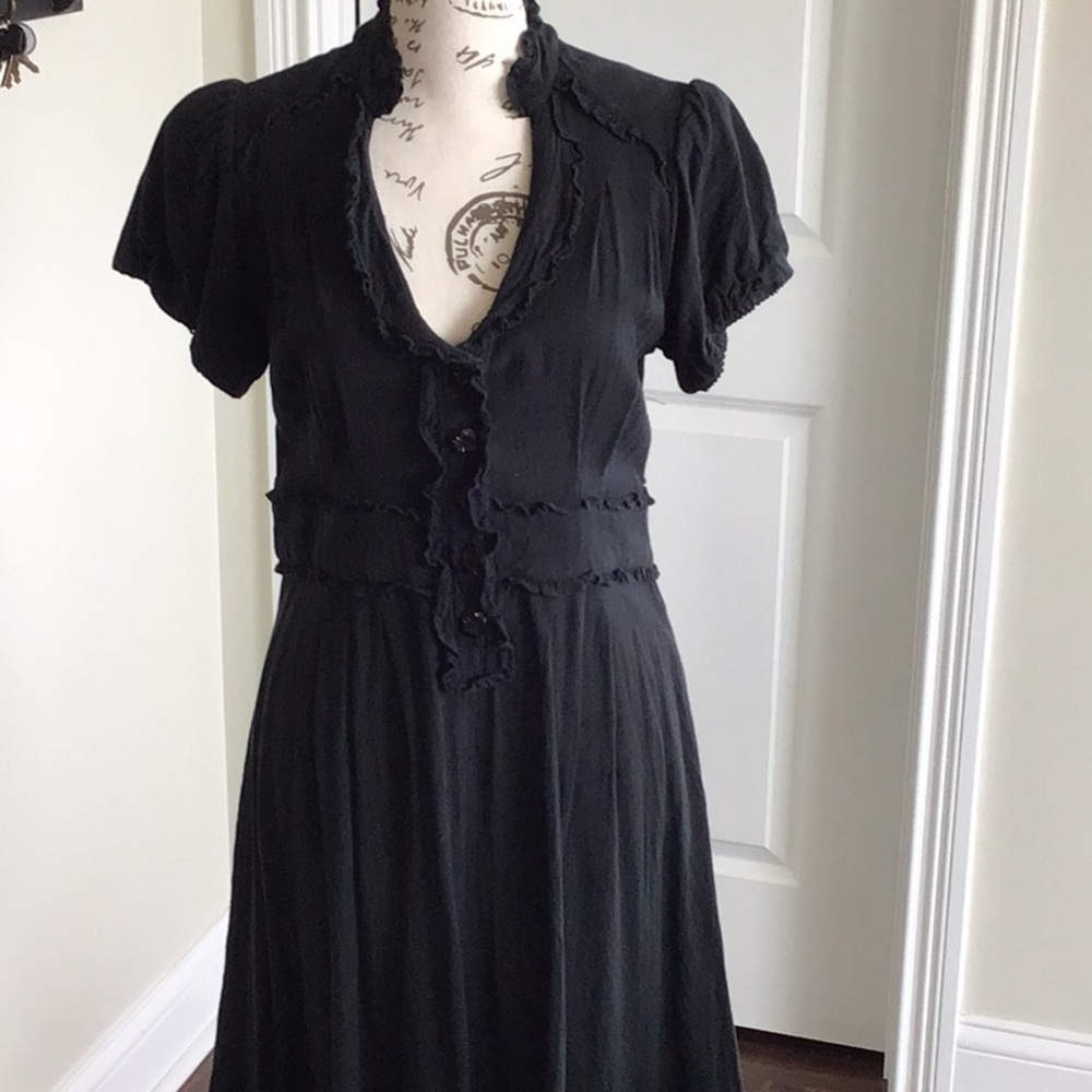 Maeve vintage style Black cap sleeves ruffle detail  button down dress Sz S